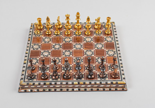 Wooden & Seashell Chess Board with Brass Pieces