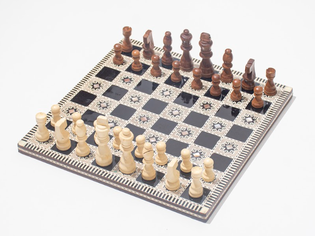 Wooden and Seashell chess board with Wooden Pieces