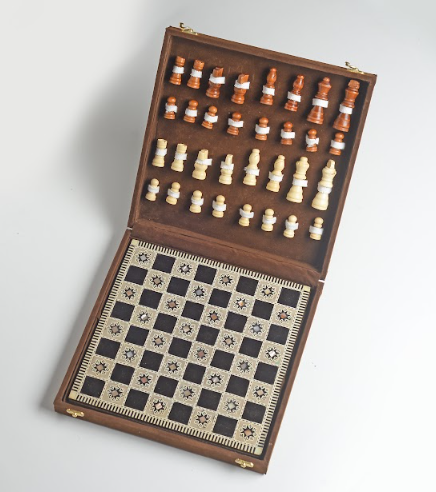 Wooden and Seashell chess board with Wooden Pieces