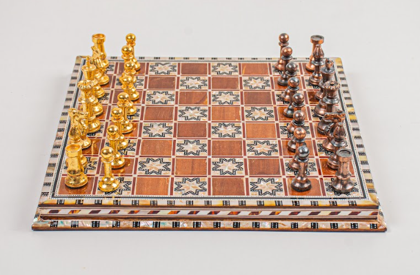 Wooden & Seashell Chess Board with Brass Pieces