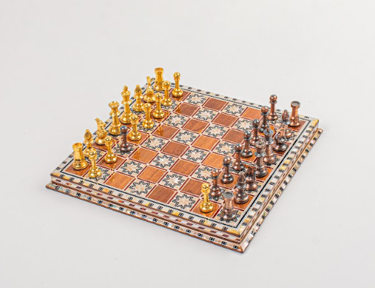 Wooden & Seashell Chess Board with Brass Pieces