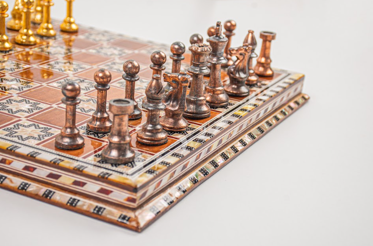 Wooden & Seashell Chess Board with Brass Pieces
