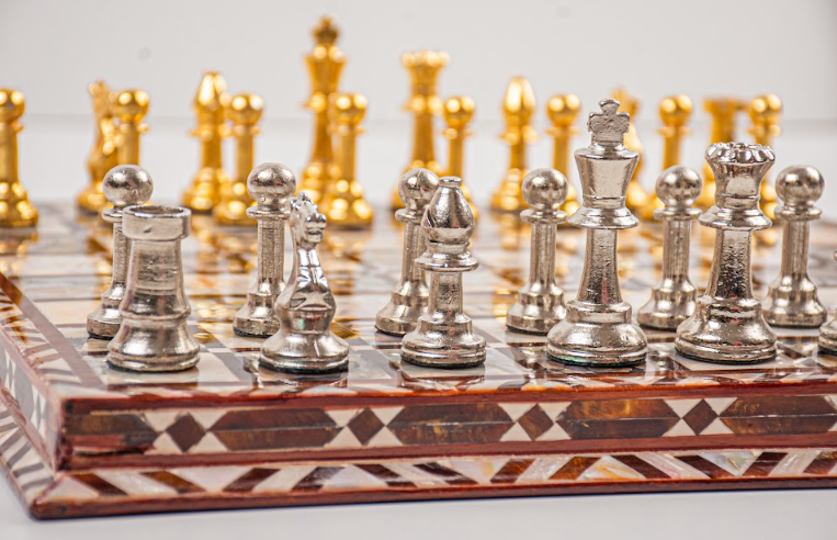 Wooden & Seashell Chess Board with Brass Pieces