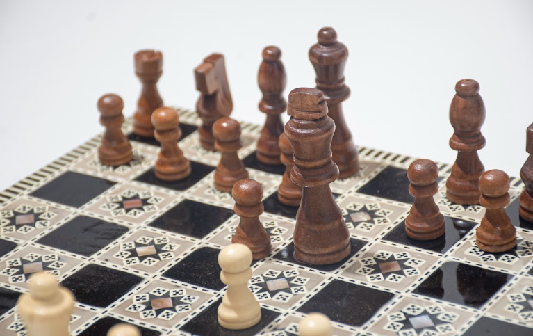 Wooden and Seashell chess board with Wooden Pieces
